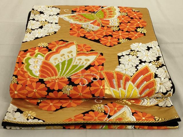 平和屋着物◎六通柄袋帯　唐織　花蝶文　金銀糸　正絹　逸品　AABC6239ou