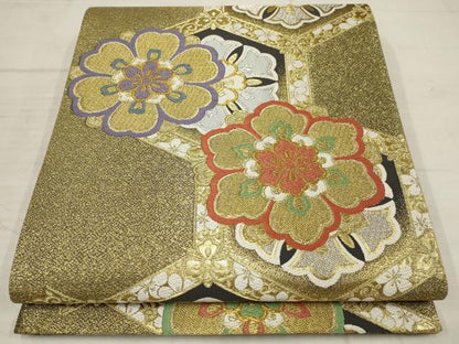 平和屋着物▼六通柄袋帯　亀甲花文　金銀糸　正絹　逸品　AABC6280wj