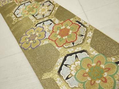平和屋着物▼六通柄袋帯　亀甲花文　金銀糸　正絹　逸品　AABC6280wj