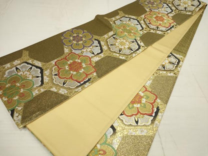 平和屋着物▼六通柄袋帯　亀甲花文　金銀糸　正絹　逸品　AABC6280wj