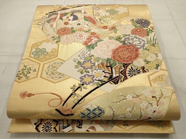 平和屋着物▼六通柄袋帯 唐織 百花扇面散らし 金銀糸 正絹 逸品 AABC6392wj