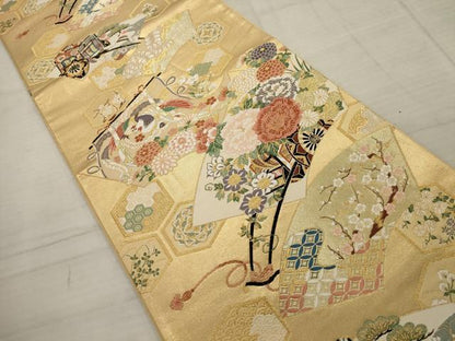 平和屋着物▼六通柄袋帯 唐織 百花扇面散らし 金銀糸 正絹 逸品 AABC6392wj