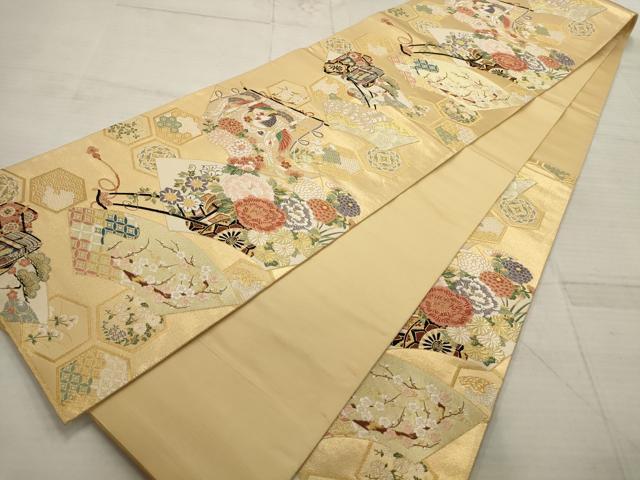 平和屋着物▼六通柄袋帯 唐織 百花扇面散らし 金銀糸 正絹 逸品 AABC6392wj