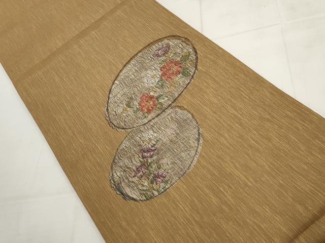 平和屋着物▼太鼓柄袋帯 パールすくい織 花丸文 金銀糸 正絹 逸品 AABC6429wj