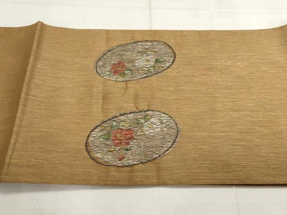 平和屋着物▼太鼓柄袋帯 パールすくい織 花丸文 金銀糸 正絹 逸品 AABC6429wj