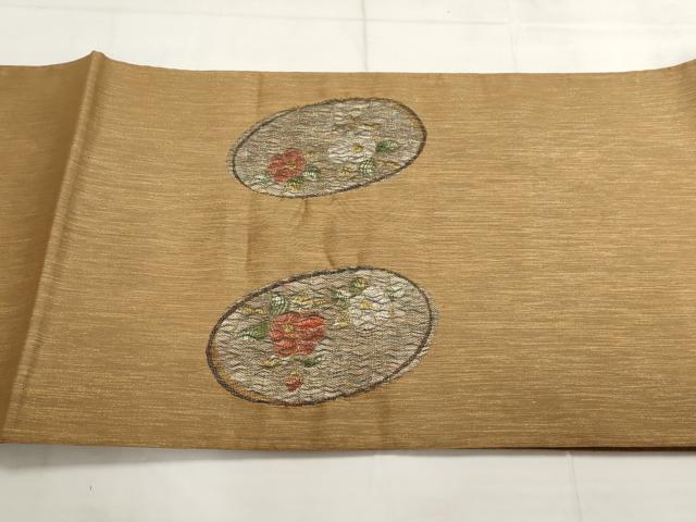 平和屋着物▼太鼓柄袋帯 パールすくい織 花丸文 金銀糸 正絹 逸品 AABC6429wj