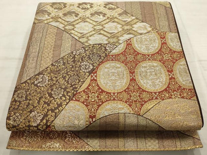 平和屋着物▼六通柄袋帯　遠山花鳥有栖川　金糸　正絹　逸品　AABC6493wj