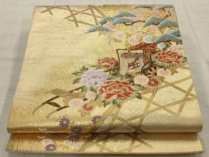 平和屋着物▼六通柄袋帯　唐織　御所車花文　金糸　正絹　逸品　AABC6648wj