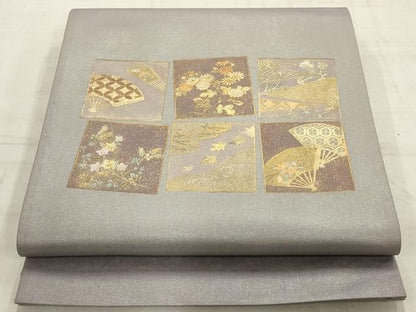 平和屋着物▼太鼓柄袋帯　螺鈿　色紙扇面花文　金彩　正絹　逸品　AABC6682wj