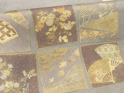 平和屋着物▼太鼓柄袋帯　螺鈿　色紙扇面花文　金彩　正絹　逸品　AABC6682wj