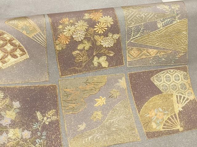 平和屋着物▼太鼓柄袋帯　螺鈿　色紙扇面花文　金彩　正絹　逸品　AABC6682wj