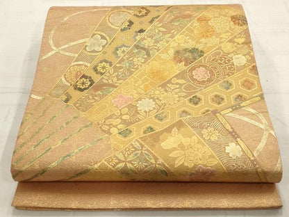 平和屋着物▼太鼓柄袋帯　扇面花文　金彩　正絹　逸品　AABC6690wj