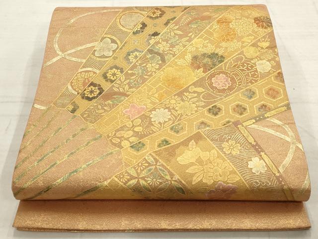 平和屋着物▼太鼓柄袋帯　扇面花文　金彩　正絹　逸品　AABC6690wj