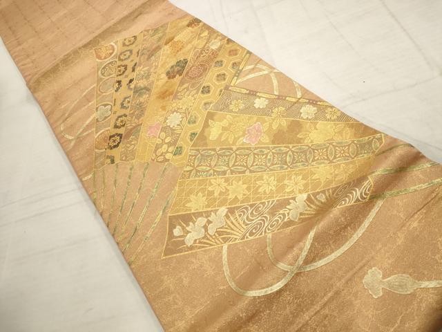 平和屋着物▼太鼓柄袋帯　扇面花文　金彩　正絹　逸品　AABC6690wj