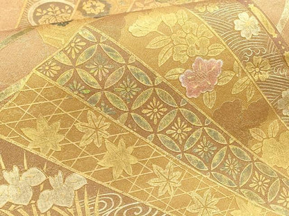 平和屋着物▼太鼓柄袋帯　扇面花文　金彩　正絹　逸品　AABC6690wj