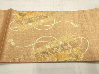 平和屋着物▼太鼓柄袋帯　扇面花文　金彩　正絹　逸品　AABC6690wj