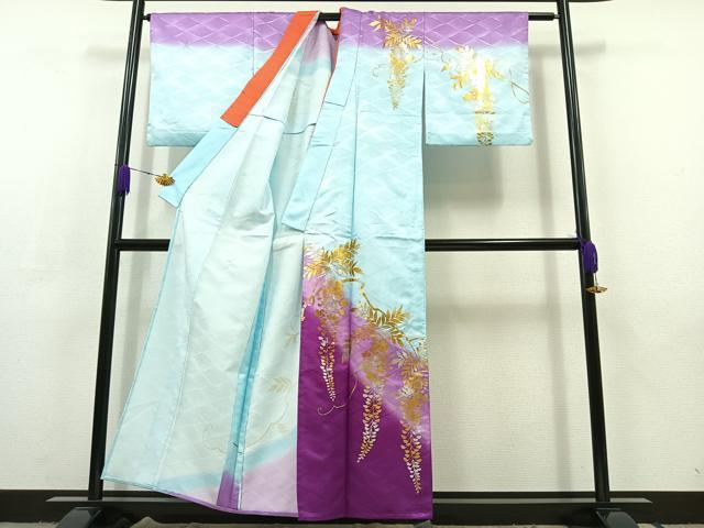 平和屋着物▽訪問着 単衣 藤花房 金銀彩 洗える着物 AABC6766jh