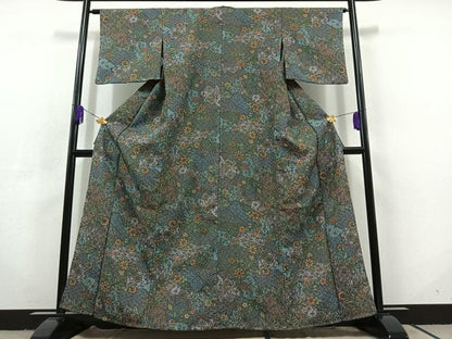 平和屋着物▽小紋　単衣　更紗花文　洗える着物　AABC6772jh