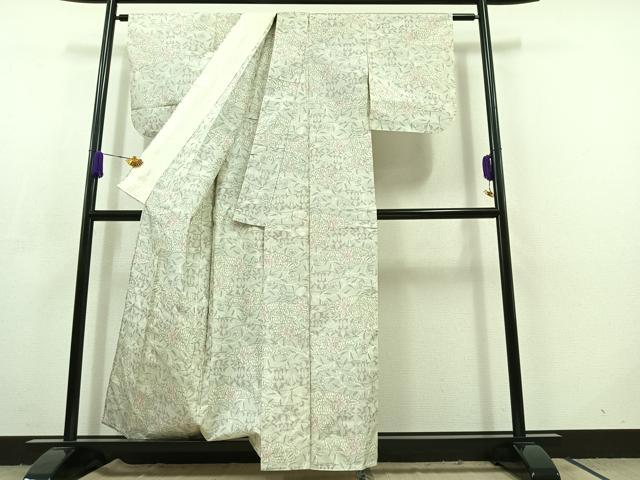 平和屋着物▽上質な紬　単衣　草花文　正絹　逸品　AABC6776jh