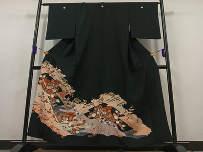 平和屋着物▽豪華黒留袖 単衣 御所車吉祥花文 金彩 正絹 逸品 AABC6778jh