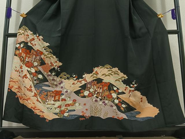 平和屋着物▽豪華黒留袖 単衣 御所車吉祥花文 金彩 正絹 逸品 AABC6778jh