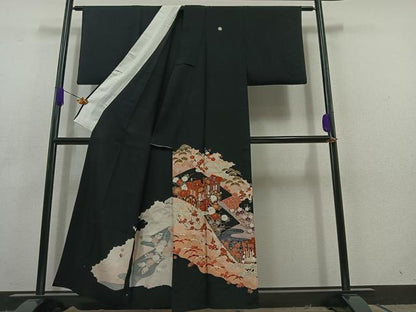 平和屋着物▽豪華黒留袖 単衣 御所車吉祥花文 金彩 正絹 逸品 AABC6778jh