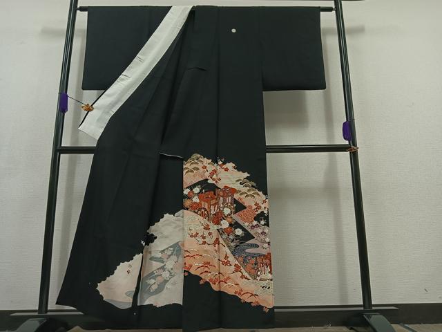 平和屋着物▽豪華黒留袖 単衣 御所車吉祥花文 金彩 正絹 逸品 AABC6778jh