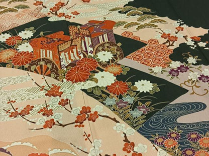 平和屋着物▽豪華黒留袖 単衣 御所車吉祥花文 金彩 正絹 逸品 AABC6778jh