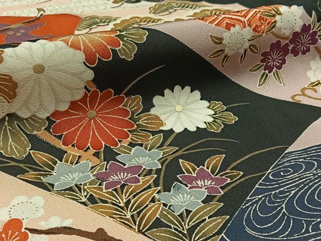 平和屋着物▽豪華黒留袖 単衣 御所車吉祥花文 金彩 正絹 逸品 AABC6778jh