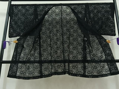 平和屋着物▽道行コート スリーシーズン 春夏秋 塵除け 草花文 黒地 AABC6781jh