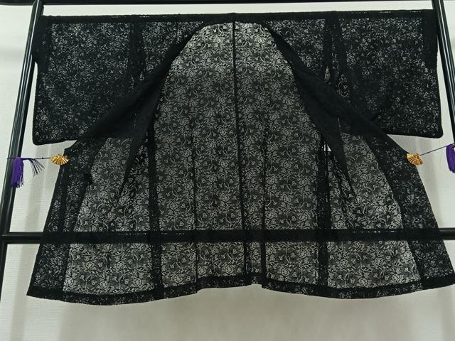 平和屋着物▽道行コート スリーシーズン 春夏秋 塵除け 草花文 黒地 AABC6781jh