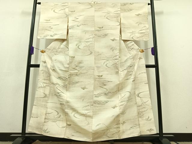 平和屋着物▽上質な紬 単衣 流水文 鳥 正絹 逸品 AABC6785jh