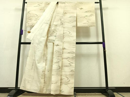 平和屋着物▽上質な紬 単衣 流水文 鳥 正絹 逸品 AABC6785jh