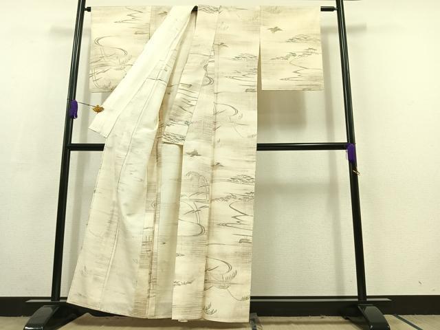 平和屋着物▽上質な紬 単衣 流水文 鳥 正絹 逸品 AABC6785jh