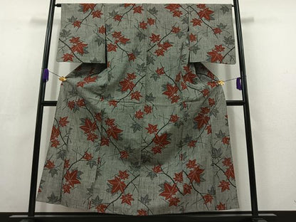 平和屋着物▽上質な紬 単衣 楓 正絹 逸品 AABC6787jh