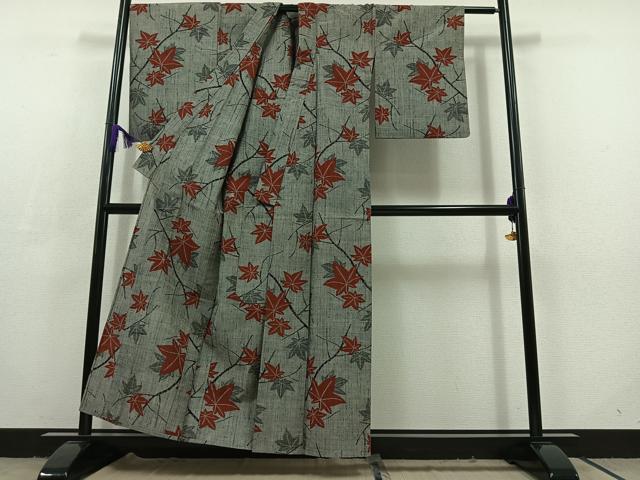 平和屋着物▽上質な紬 単衣 楓 正絹 逸品 AABC6787jh