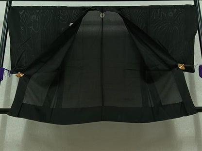 平和屋着物▽男性　黒紋付　羽織　スリーシーズン　春夏秋　塵除け　暗黒色　正絹　逸品　AABC6790jh