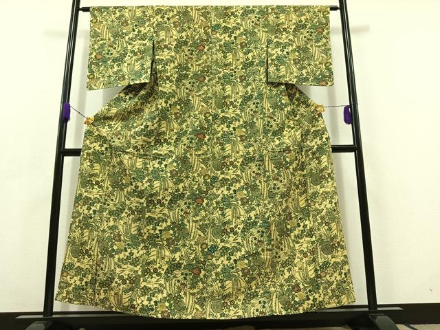 平和屋着物▽上質な紬 単衣 型染め 飾花文 正絹 逸品 未使用 AABC6794jh