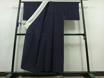 平和屋着物▽上質な紬 単衣 紺藍色 正絹 逸品 AABC6798jh