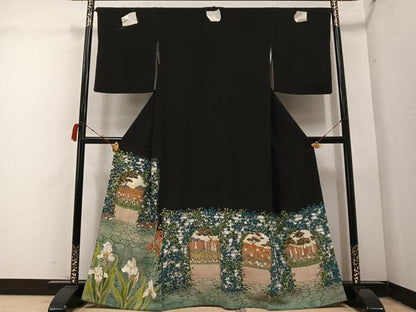平和屋着物●野口真造　大彦二代目　江戸染繍友禅　黒留袖　刺繍　草花文　金銀糸　正絹　逸品　未使用　AABC6816ph
