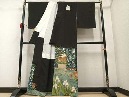 平和屋着物●野口真造　大彦二代目　江戸染繍友禅　黒留袖　刺繍　草花文　金銀糸　正絹　逸品　未使用　AABC6816ph