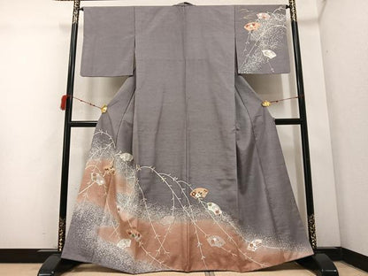平和屋着物●創業140年 小糸染芸の四代目 小糸敏夫 訪問着 紬地 地紙草花文 正絹 逸品 AABC6817ph