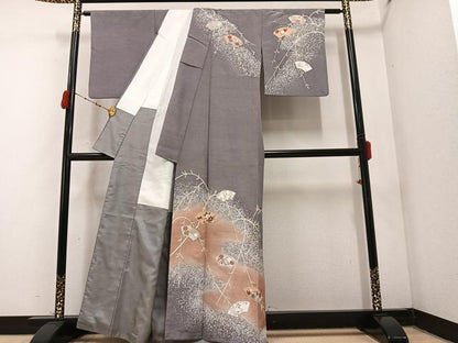 平和屋着物●創業140年 小糸染芸の四代目 小糸敏夫 訪問着 紬地 地紙草花文 正絹 逸品 AABC6817ph