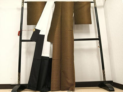 平和屋着物●上質な小紋　紬地　間道　黒地　正絹　逸品　AABC6834ph