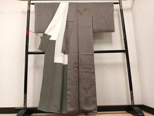 平和屋着物●訪問着　手描き　ろうけつ染め　草花文　正絹　逸品　AABC6850ph