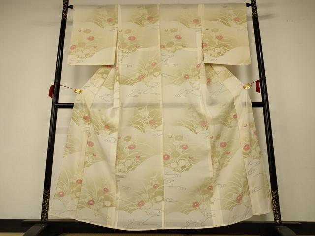 平和屋着物＊夏物 訪問着 絽 手描き 流水草花文 正絹 逸品 AABC6899jd