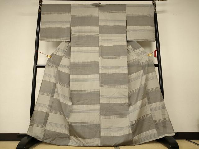 平和屋着物▽上質な紬 単衣 格子 正絹 逸品 AABC6902jd