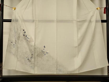 平和屋着物＊夏物　訪問着　絽　刺繍　扇面草花文　銀糸　五泉　反端付き　正絹　逸品　AABC6906jd