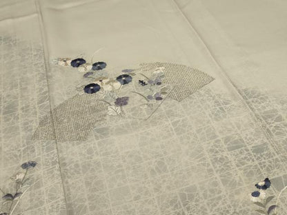 平和屋着物＊夏物　訪問着　絽　刺繍　扇面草花文　銀糸　五泉　反端付き　正絹　逸品　AABC6906jd