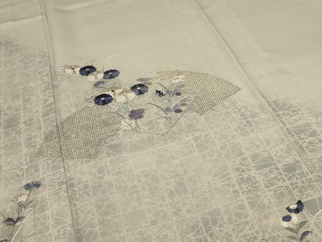 平和屋着物＊夏物　訪問着　絽　刺繍　扇面草花文　銀糸　五泉　反端付き　正絹　逸品　AABC6906jd